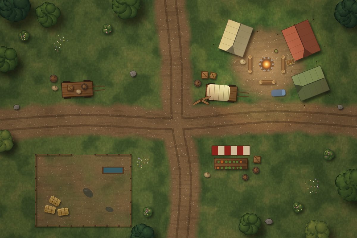 Top-down battlemap: Crossroads Camp